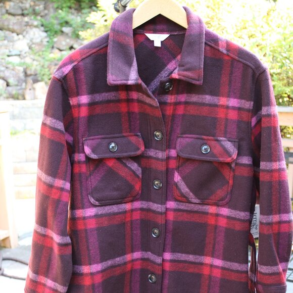 Terra Sky NWT Women Jacket SZ 14W Plaid Burgundy Belt Button Down Winter Warm - Picture 2 of 8